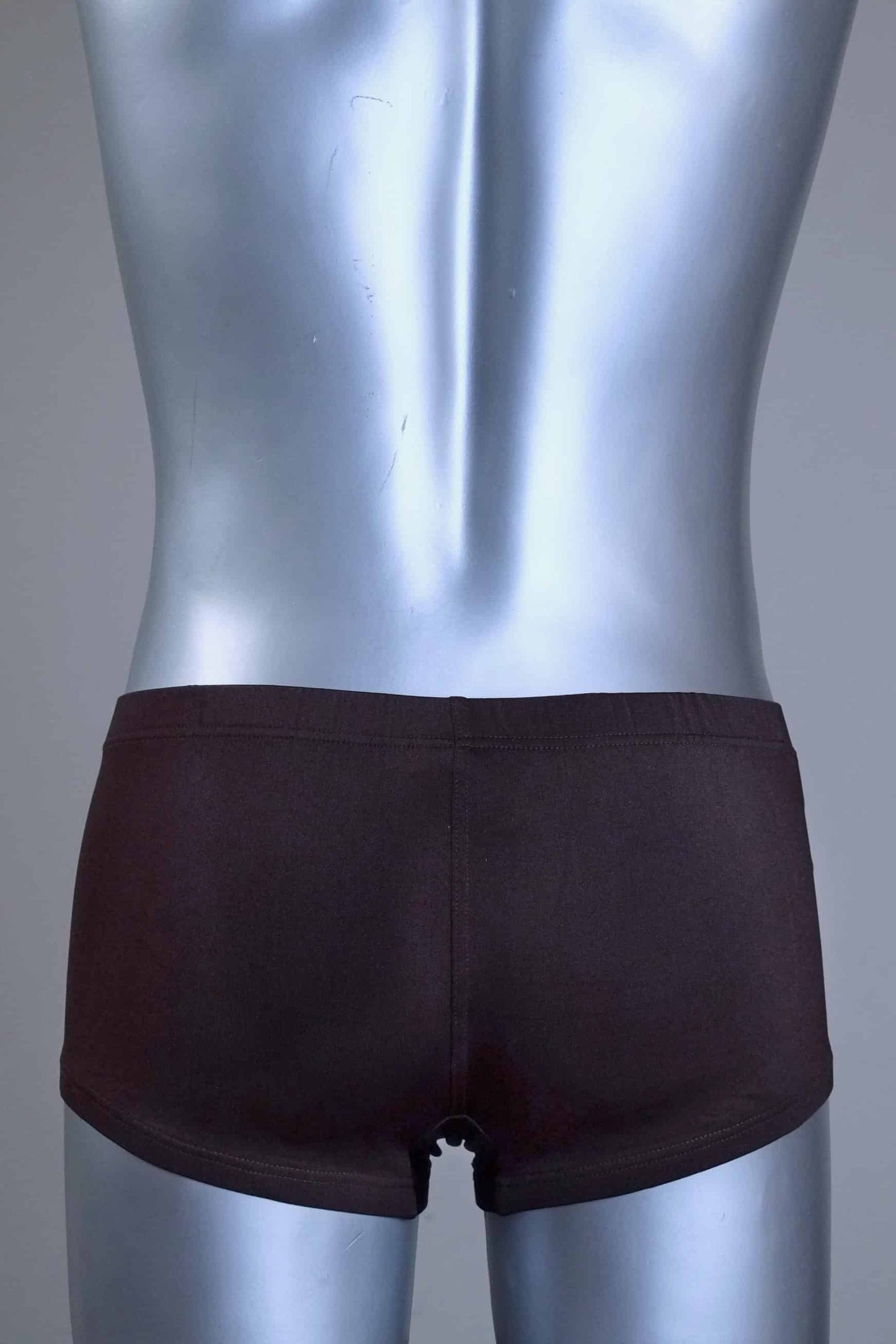 Back view of a Mannequin wearing a pair of vintage 70s SOLAR swim trunks in brown against a grey background.