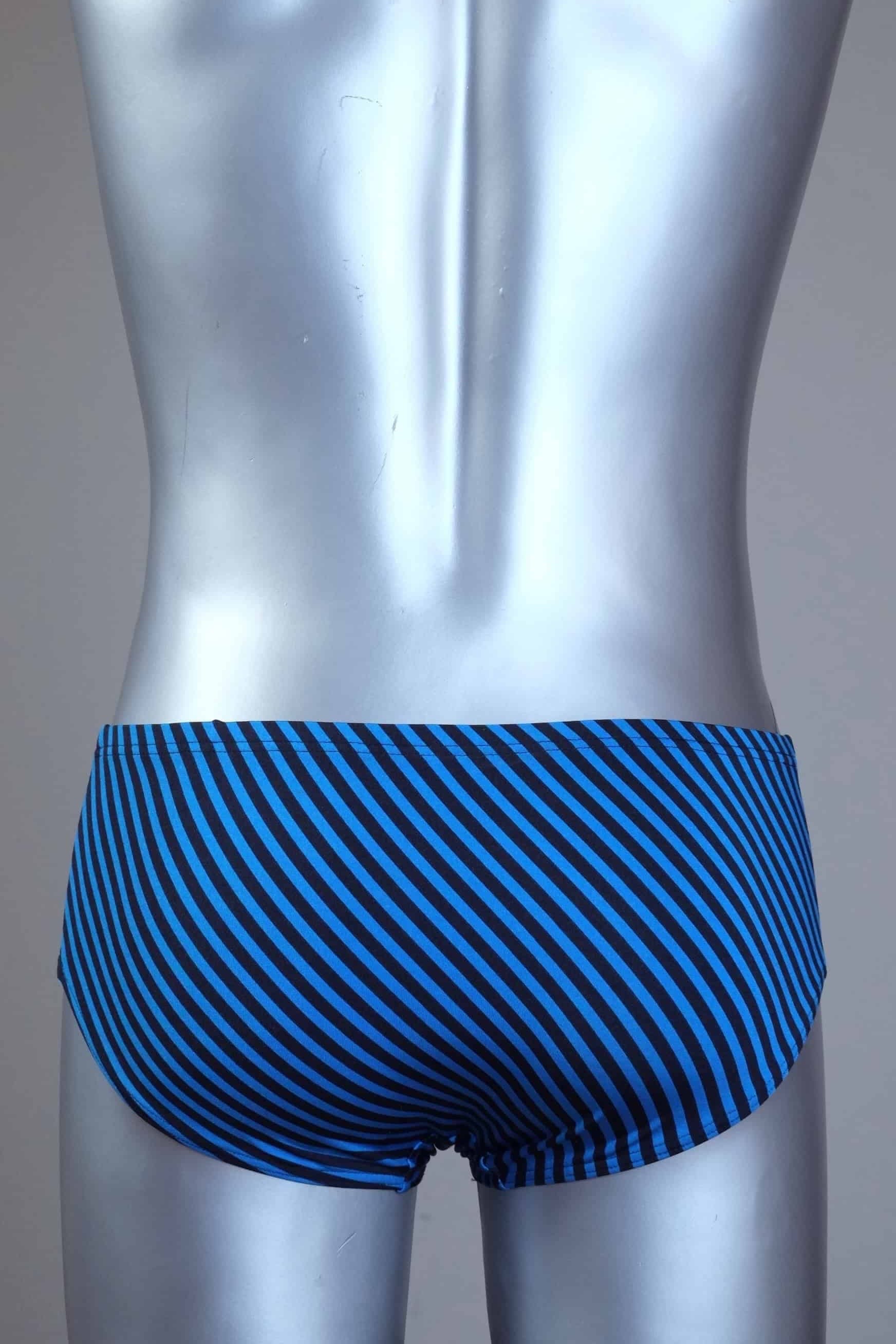 Back view of Blue and black striped Solar Swim briefs on a silver mannequin against a gray background