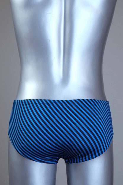 Back view of Blue and black striped Solar Swim briefs on a silver mannequin against a gray background