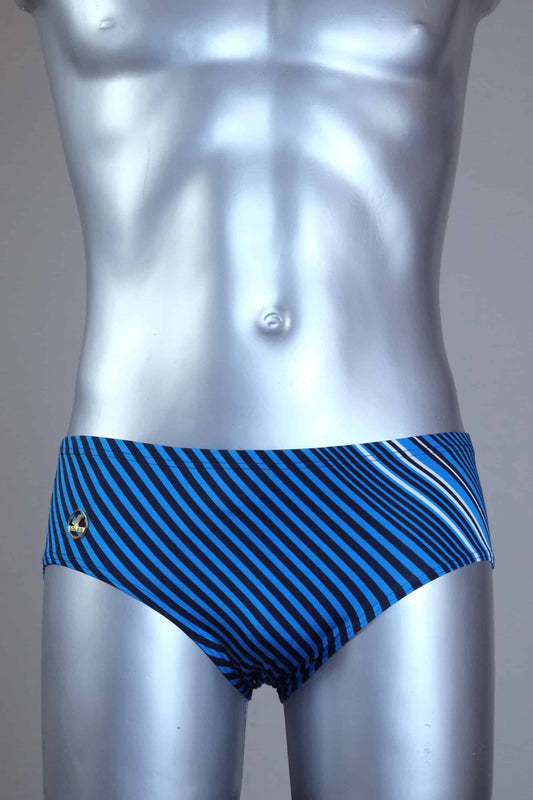 Blue striped men's Solar swim briefs on a silver mannequin against a gray background