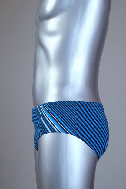 Side view of Blue striped men's Solar swim briefs on a silver mannequin against a gray background