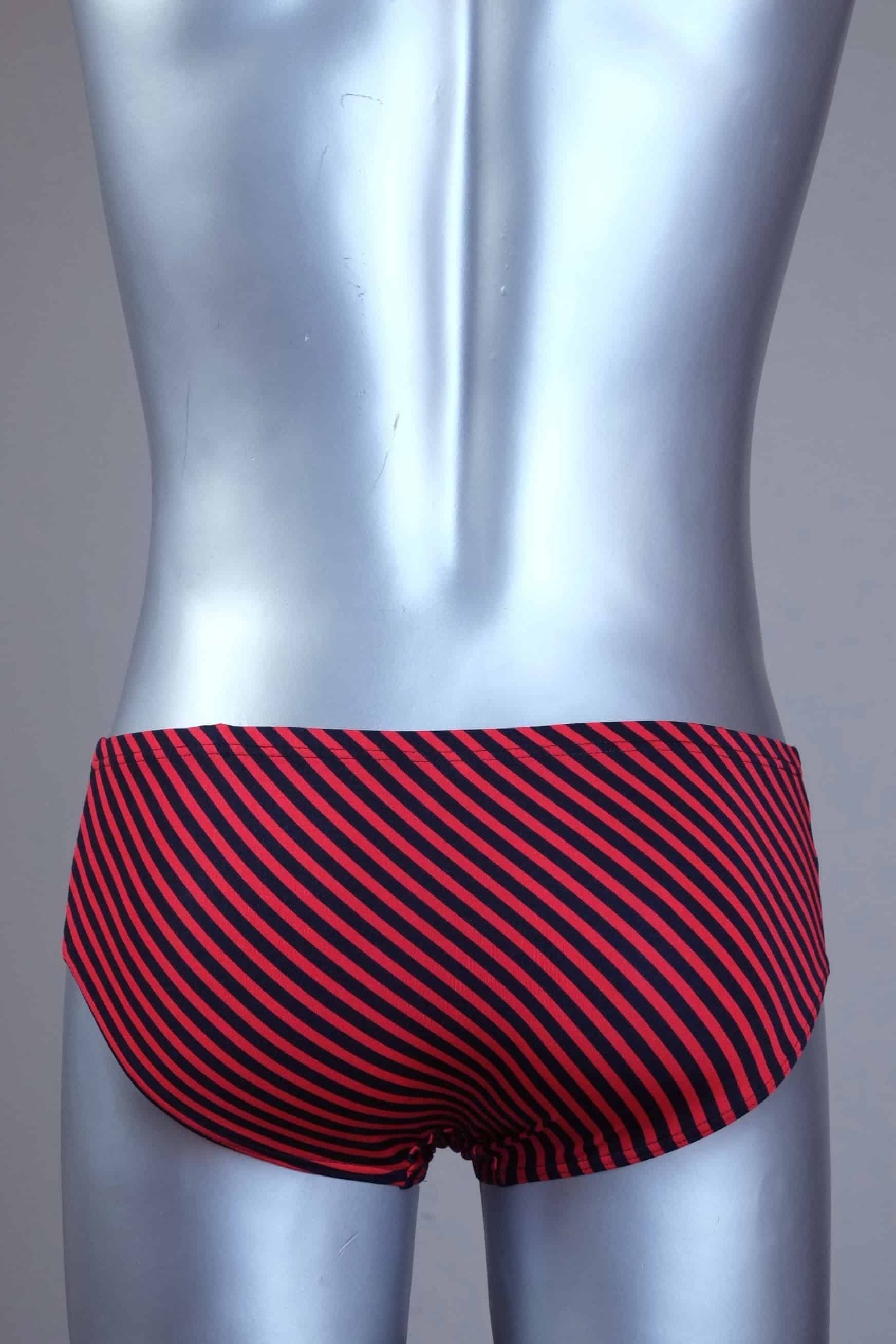 Back view of red striped men's Solar swim briefs on a silver mannequin against a gray background
