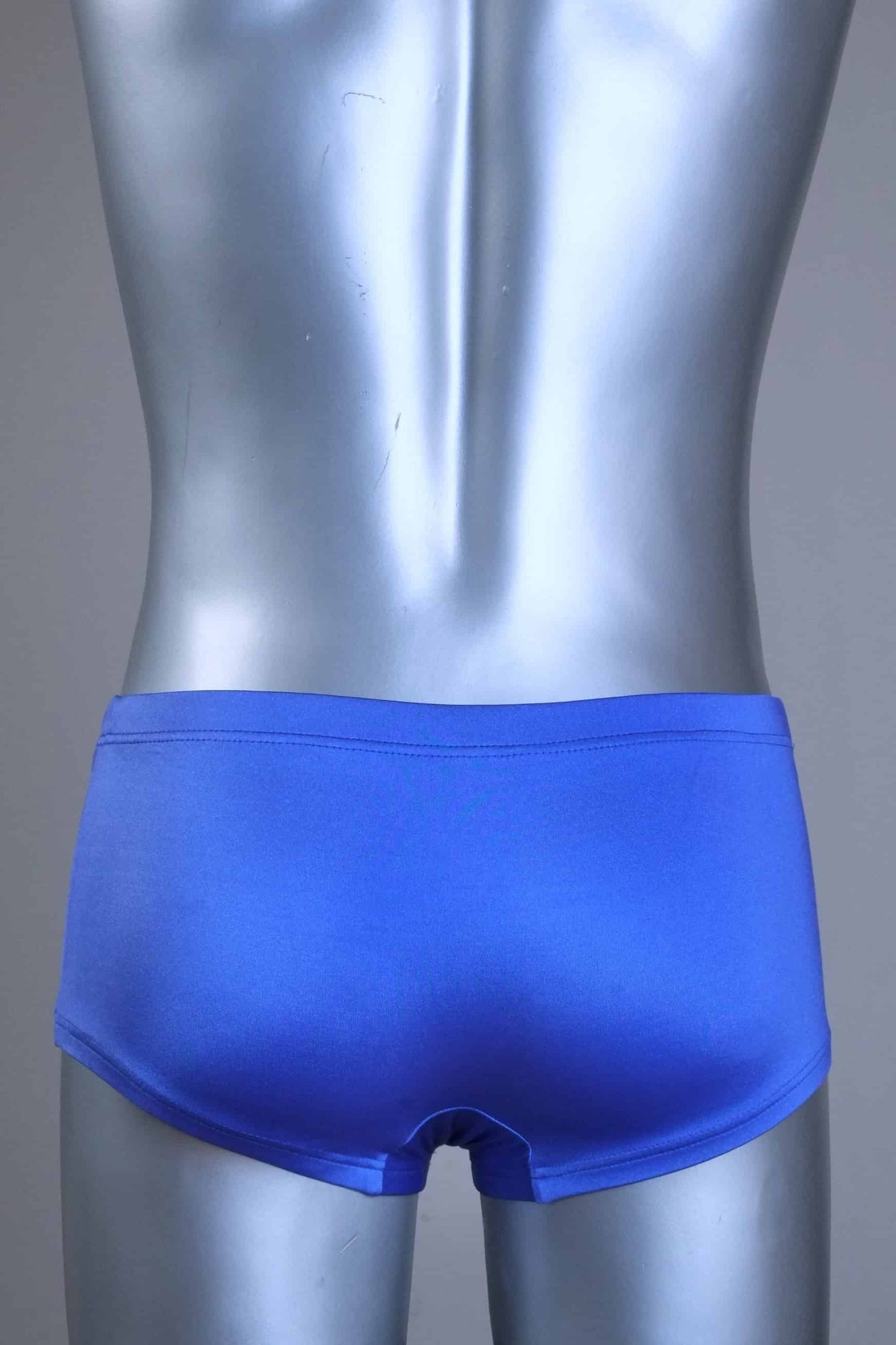 Back view of a pair of SOLAR vintage 80s men's square-cut swim briefs in purple with a red and black diagonal color block shown on a mannequin