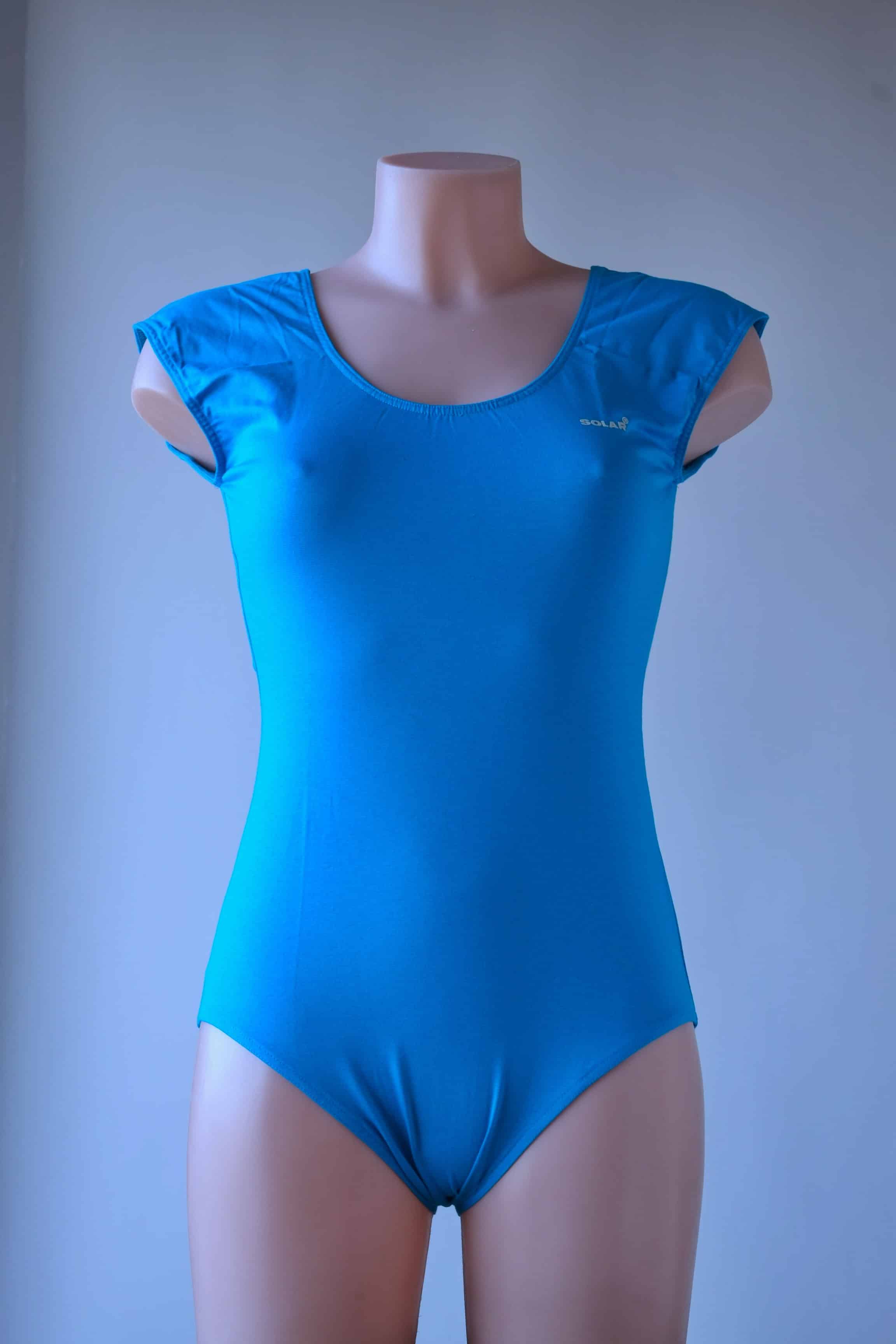 Solar vintage 80s solid turquoise cap sleeve leotard worn on a mannequin — fitted cap sleeves, open scoop neckline, high cut leg, front view