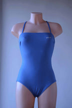 Solar vintage 80s cotton leotard in blue, worn on a mannequin — square neckline, thin spaghetti straps, front view