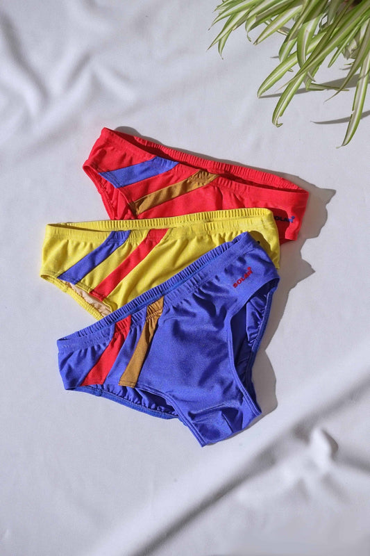 Four pairs of Vintage Solar colorful swim briefs laid on a white surface with a plant in the corner.