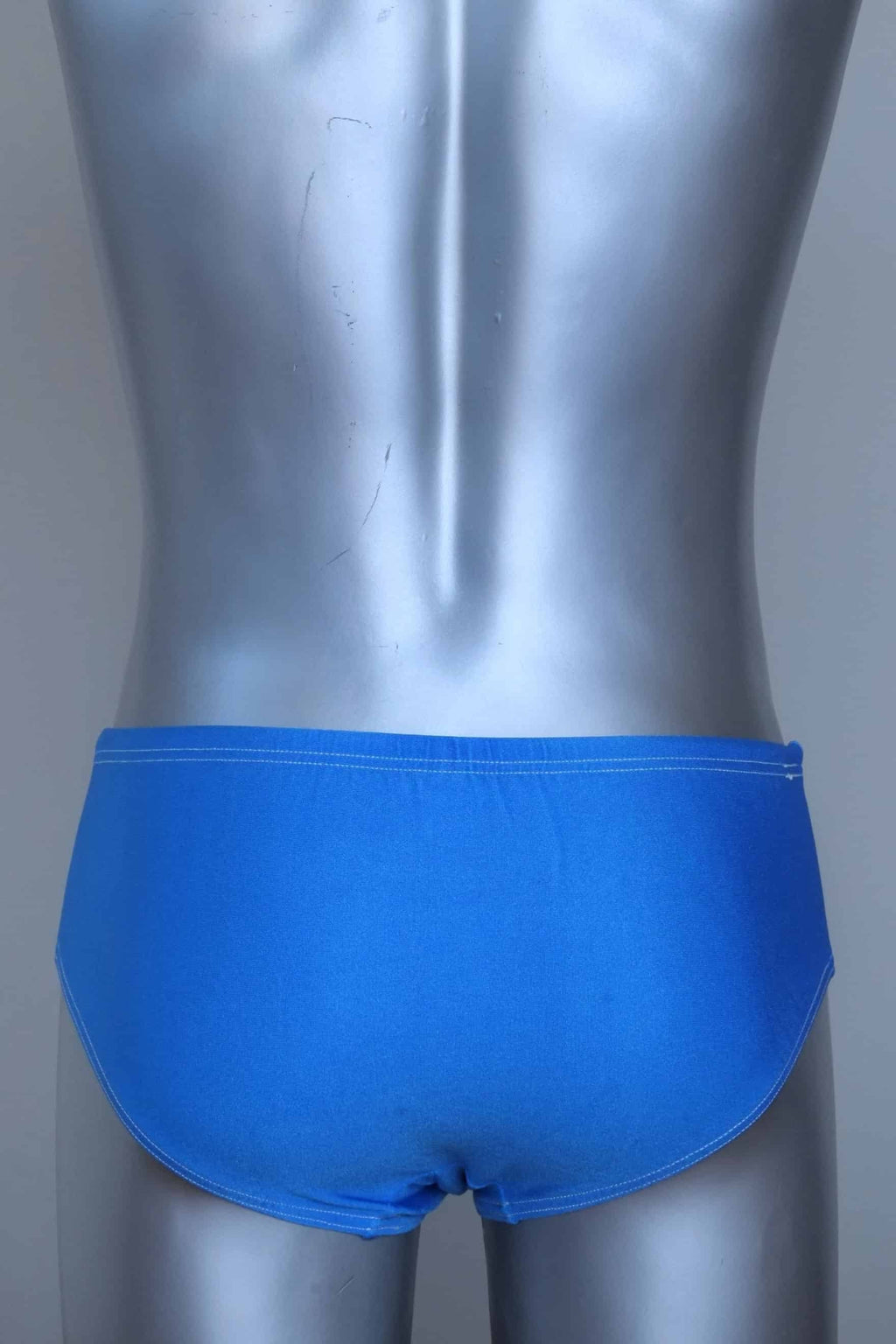 Back view of a vintage Blue men's swim briefs on a silver mannequin against a gray background
