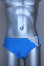 Blue men's swim briefs on a mannequin against a gray background