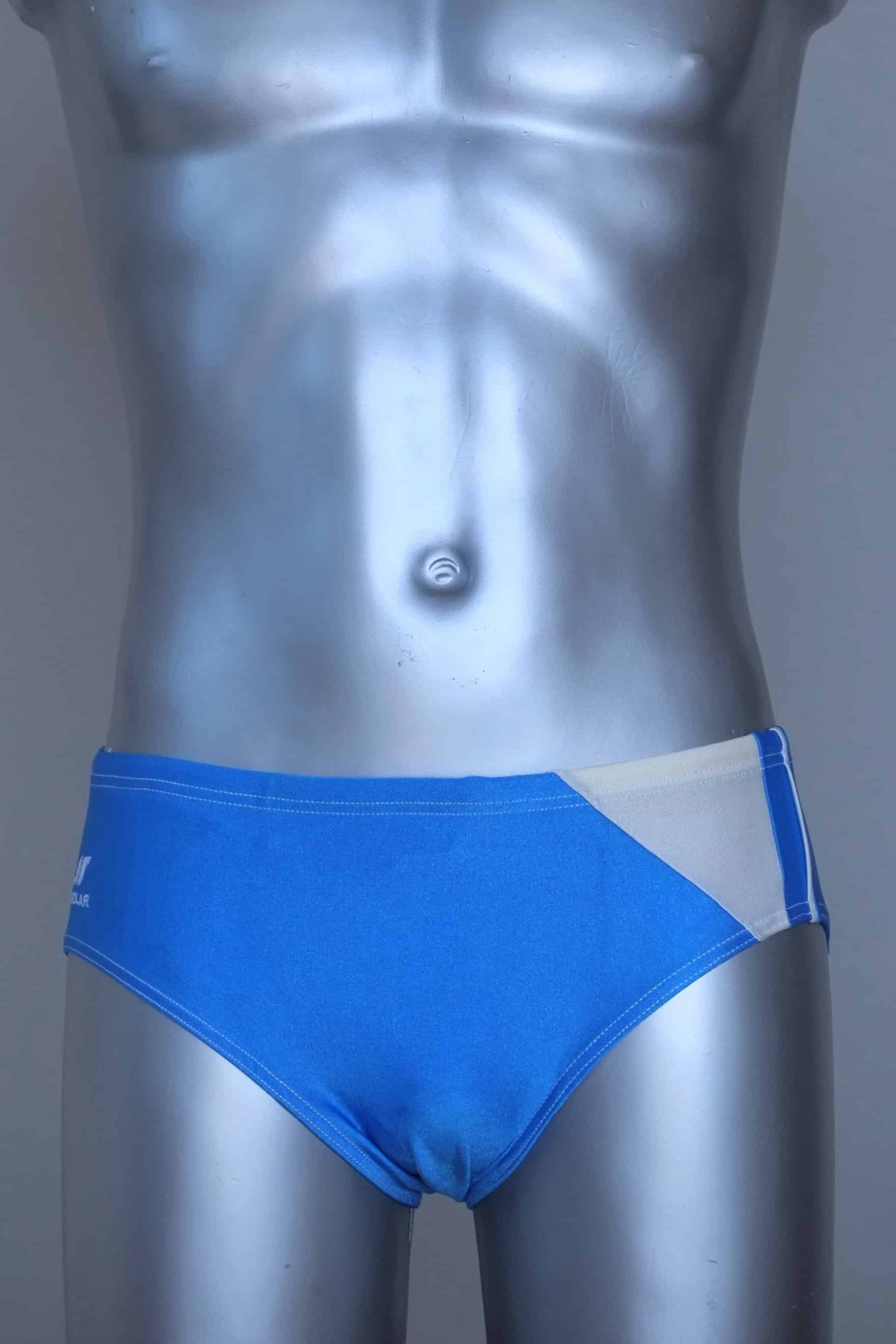 Blue men's swim briefs on a mannequin against a gray background