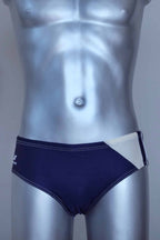 Navy blue men's swim briefs with white waistband on a metallic mannequin against a gray background