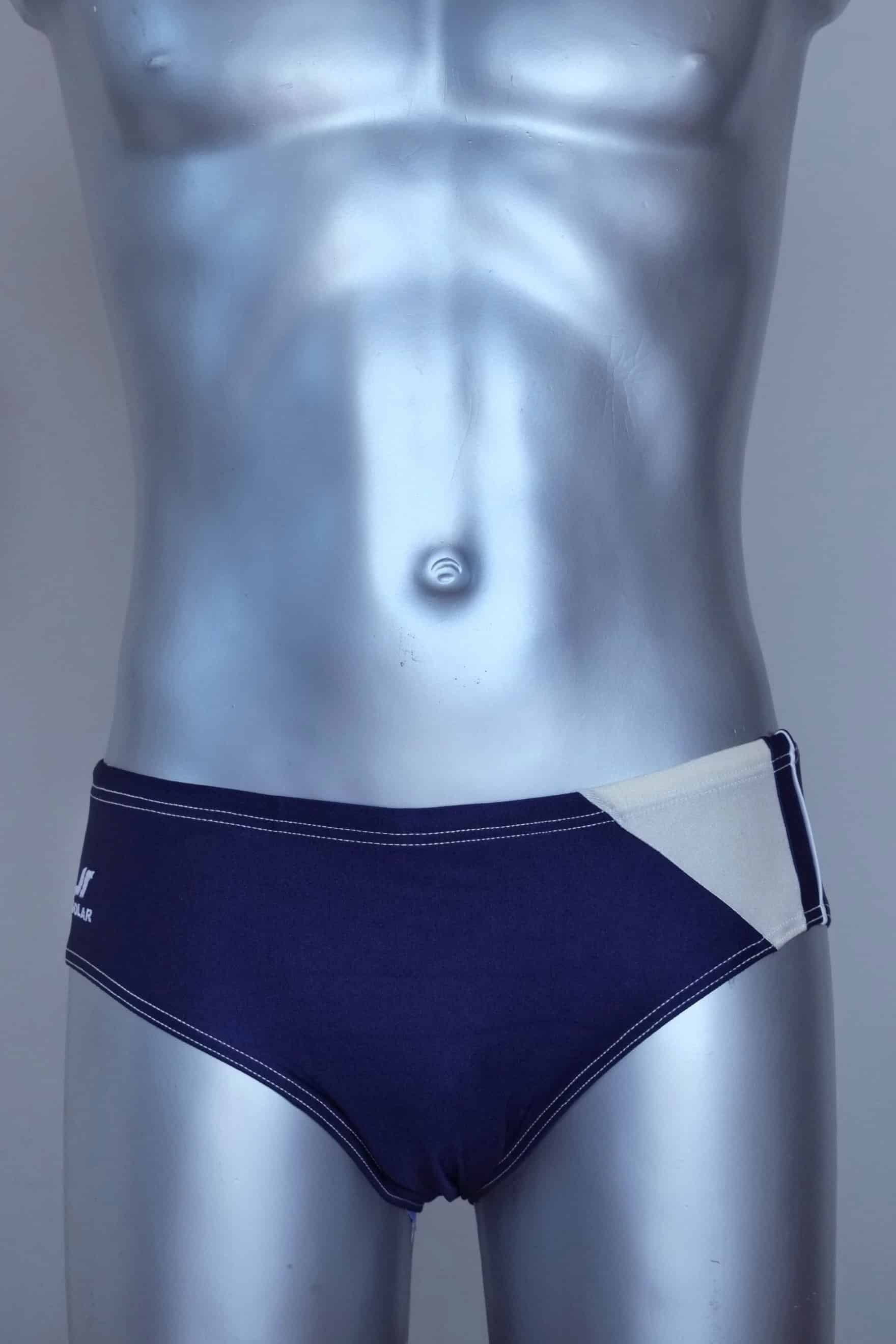 Navy blue men's swim briefs with white waistband on a metallic mannequin against a gray background