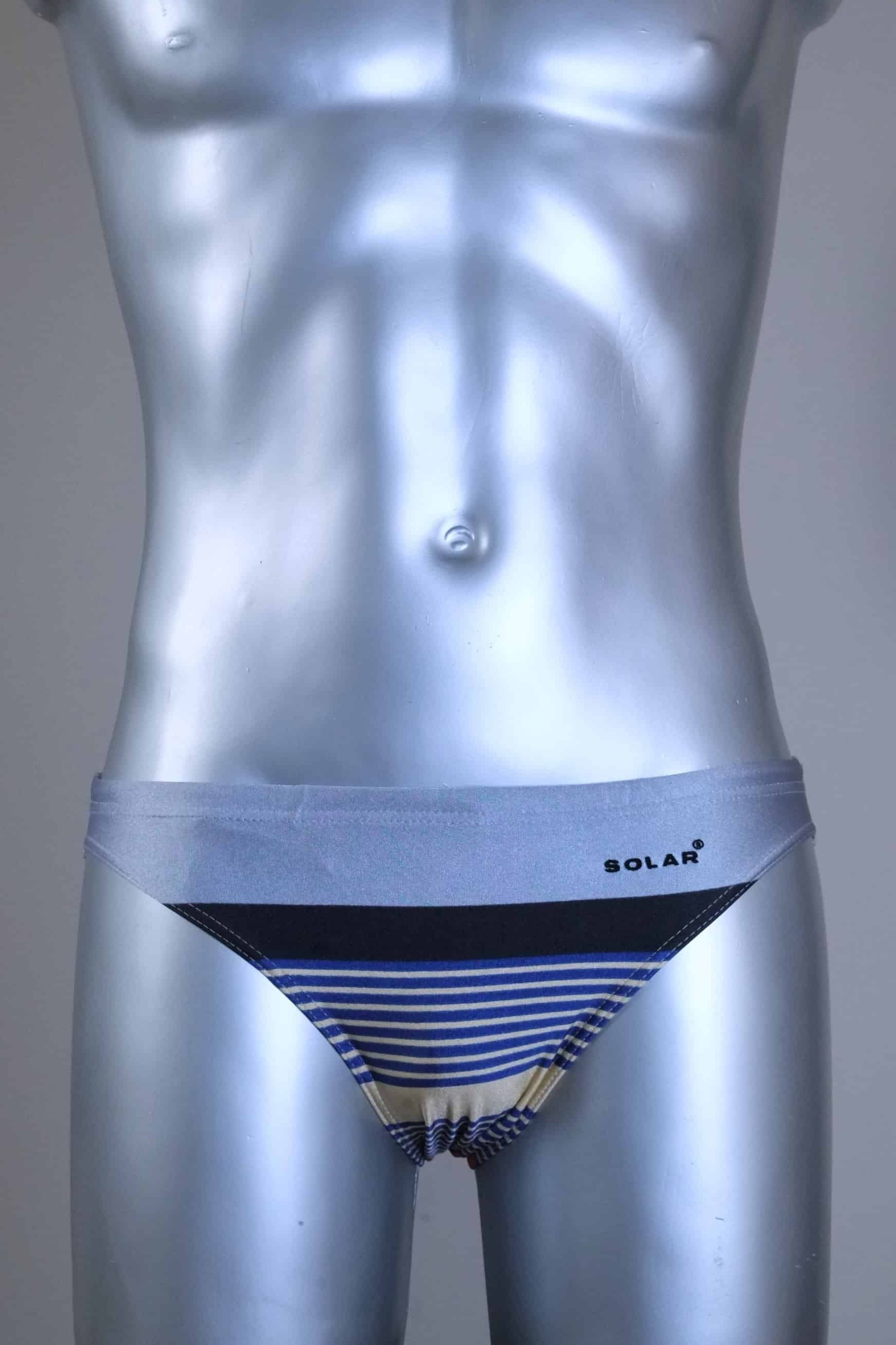 Vintage gray and black striped men's swim briefs with brand logo on a metallic mannequin against a gray background