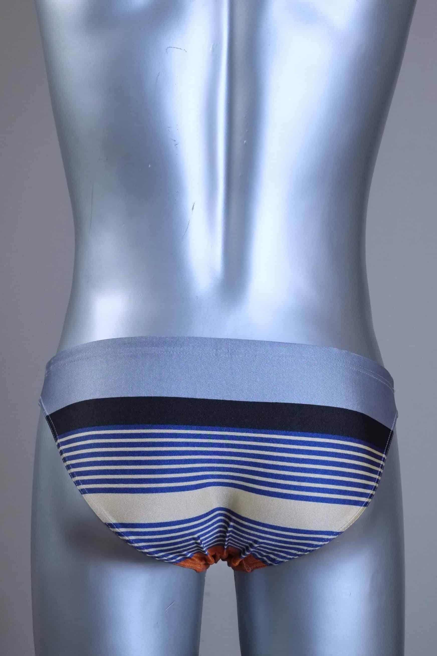 Back view of Vintage gray and black men's swim briefs with brand logo on a metallic mannequin against a grey background