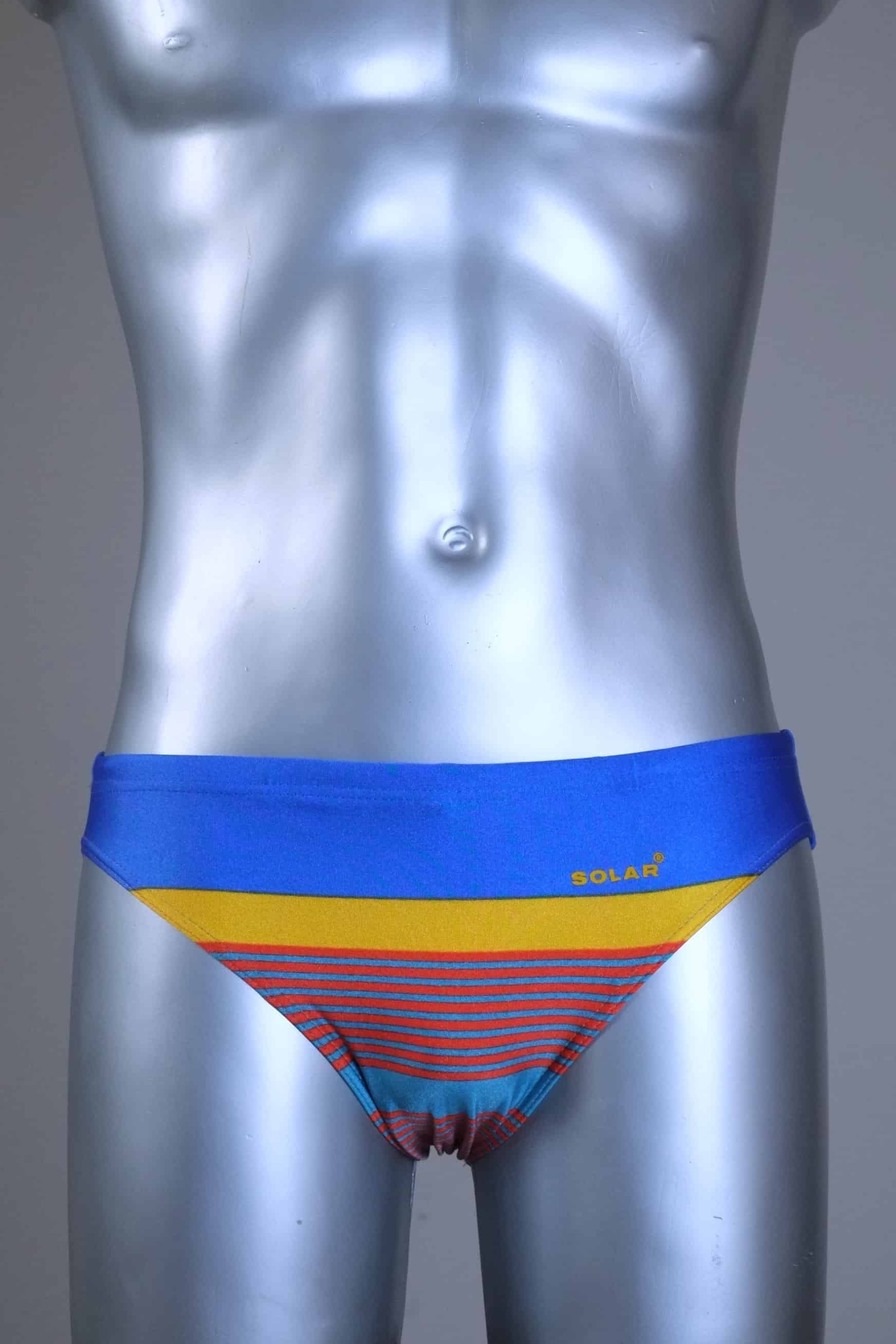 Vintage Colorful men's swim briefs with brand logo on a metallic mannequin against a gray background