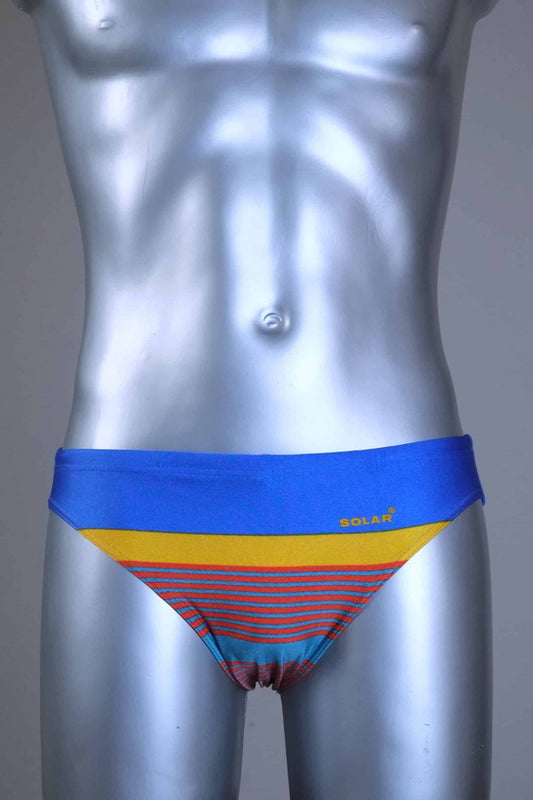 Vintage Colorful men's swim briefs with brand logo on a metallic mannequin against a gray background