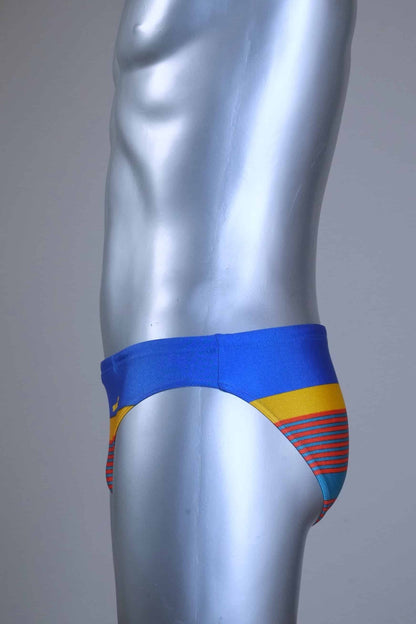 Side view of a Vintage Colorful men's swim briefs with brand logo on a metallic mannequin against a gray background