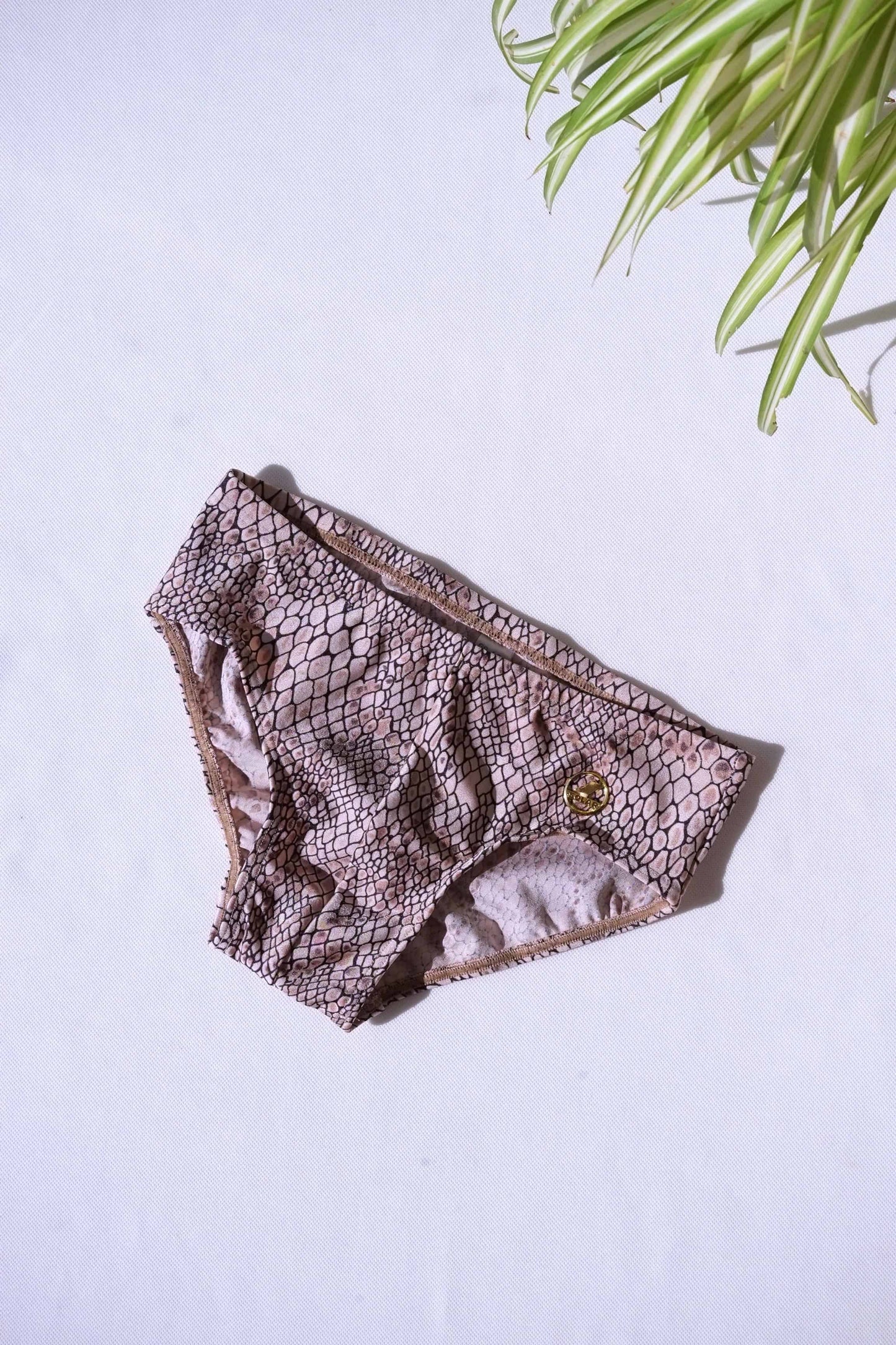 A single pair of SOLAR brand vintage 80s men's swim briefs with a light brown snakeskin print and a gold metal logo.