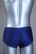 Back view of Vintage navy swim briefs on a silver mannequin against a gray background