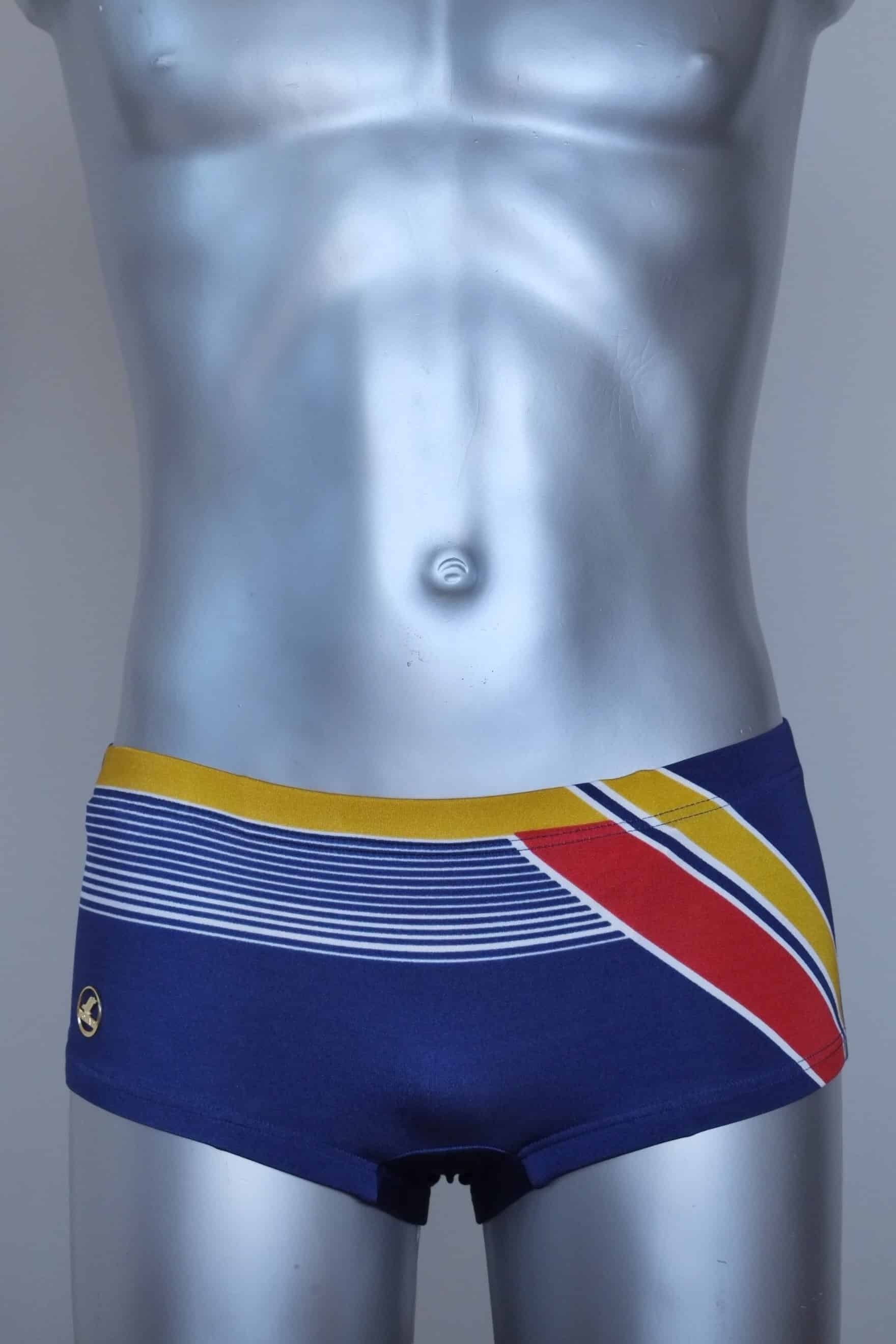 Vintage navy and red striped men's swim briefs on a silver mannequin against a gray background