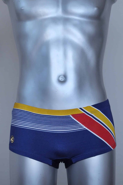 Vintage navy and red striped men's swim briefs on a silver mannequin against a gray background