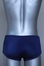 Back view of a Vintage navy and yellow striped men's swim briefs on a silver mannequin against a gray background