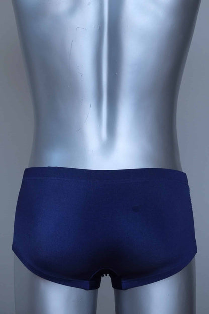 Back view of a Vintage navy and yellow striped men's swim briefs on a silver mannequin against a gray background