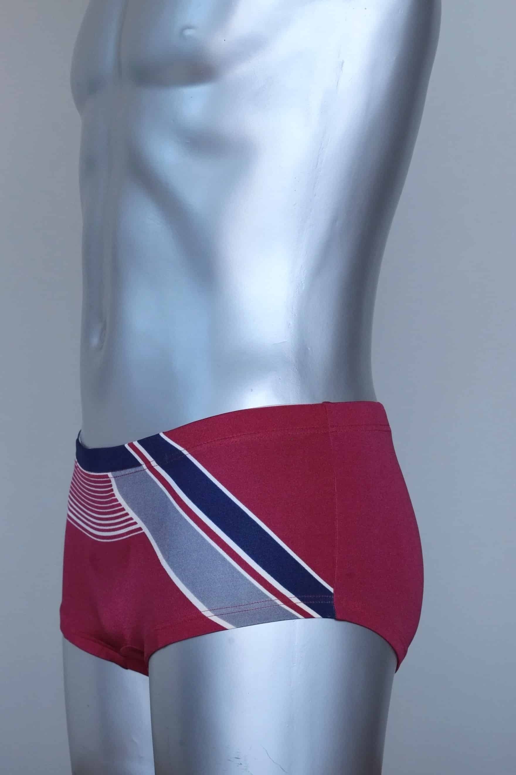 Side view of a Vintage burgundy and navy striped men's swim briefs on a silver mannequin against a gray background