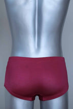 Back view of a Vintage burgundy and navy striped men's swim briefs on a silver mannequin against a gray background