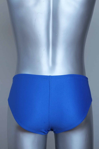 Back view of vintage blue swim briefs with mannequin against a gray background