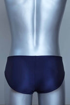 Back view of vintage navy swim briefs with mannequin against a gray background