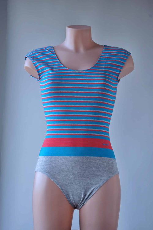 Solar vintage 80s striped color block cap sleeve leotard worn on a mannequin — sky blue and red horizontal stripes on bodice, solid heather grey lower half, scoop neckline, cap sleeves, front view