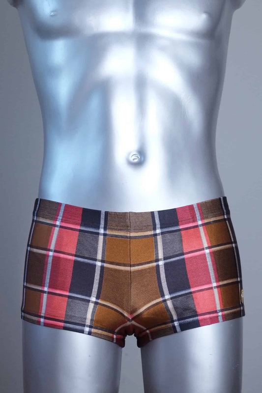 Vintage brown plaid patterned swim briefs on a mannequin against a gray background