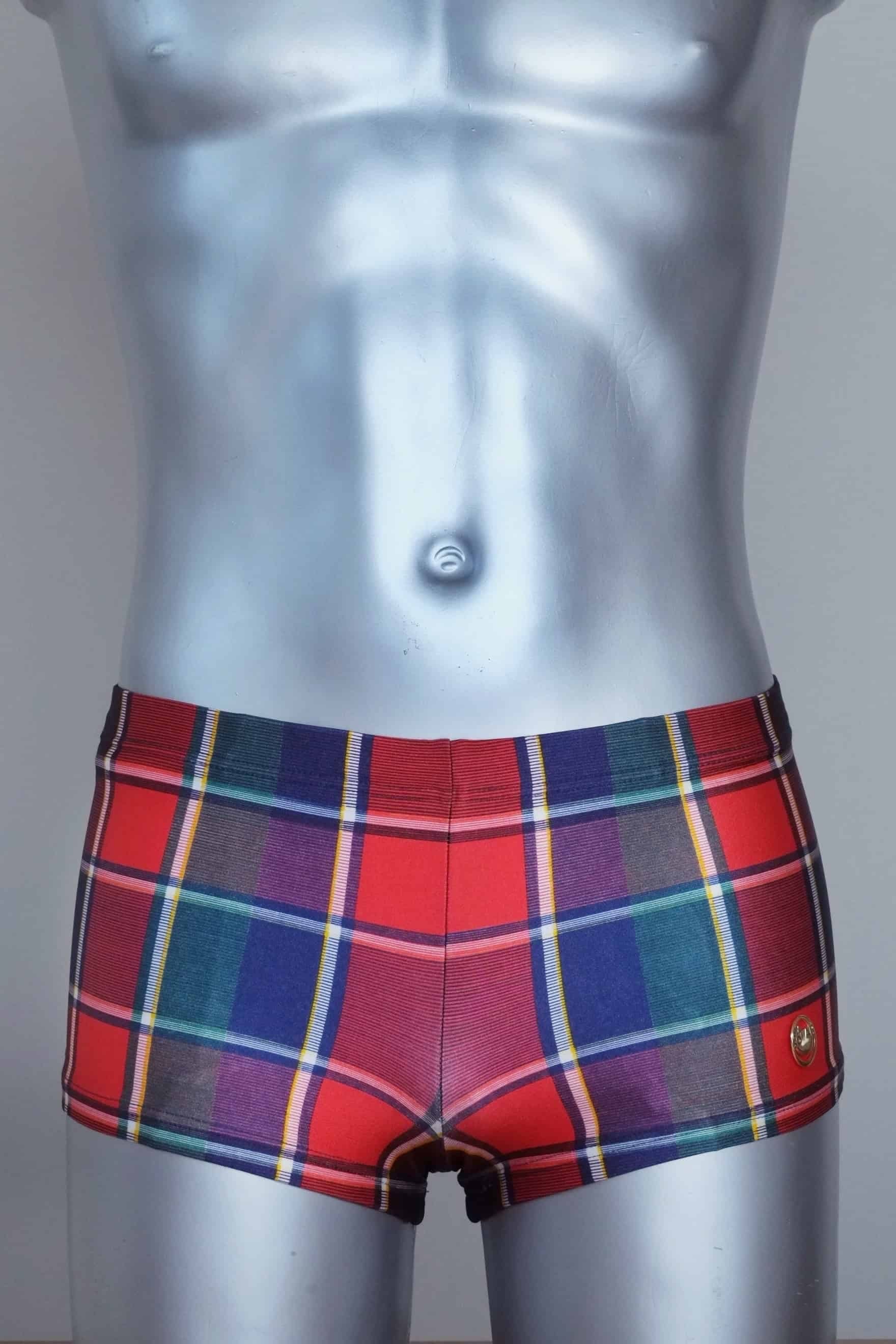 Vintage red plaid patterned swim briefs on a mannequin against a gray background