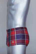 Side view of a Vintage red plaid patterned swim briefs on a mannequin against a gray background