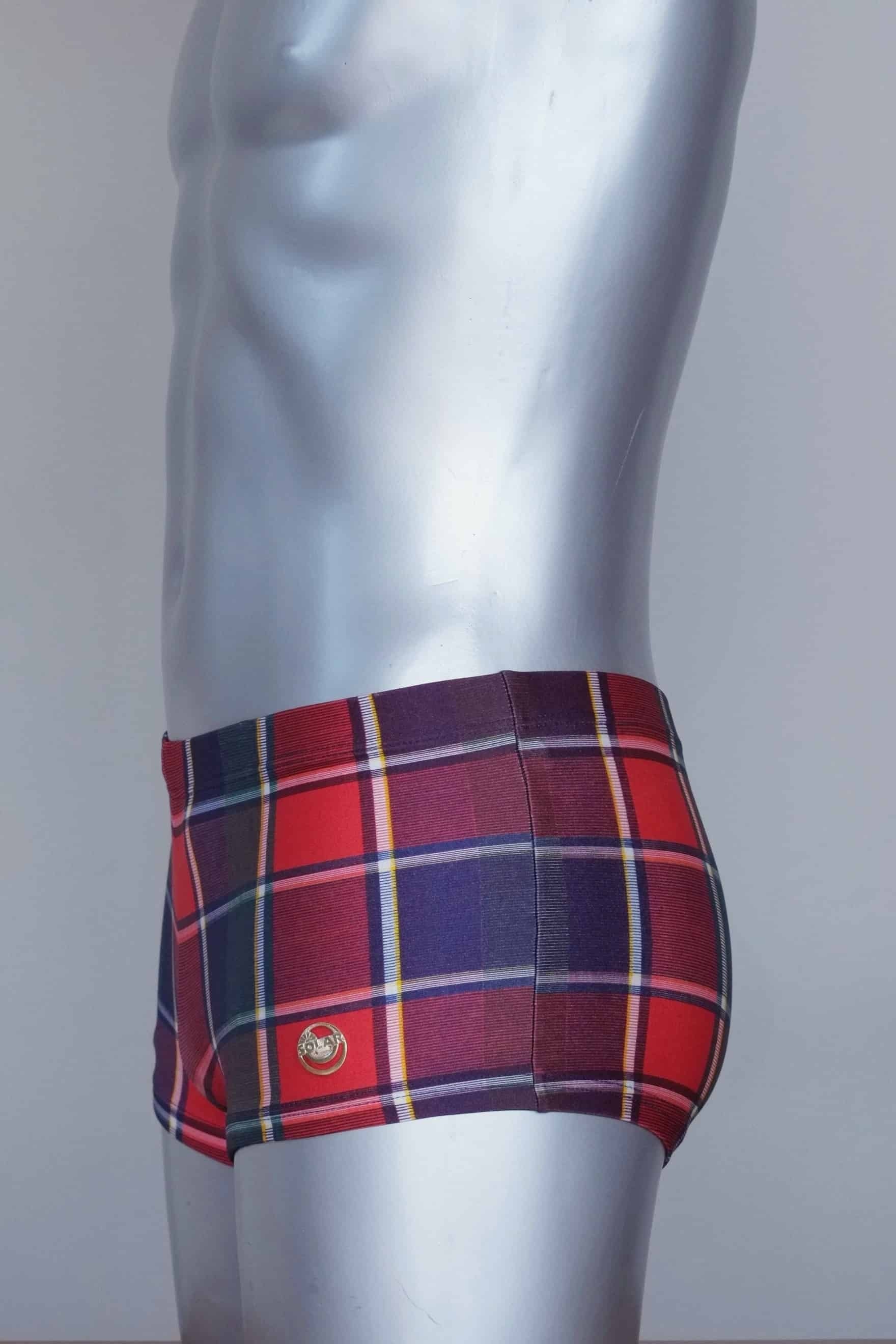 Side view of a Vintage red plaid patterned swim briefs on a mannequin against a gray background