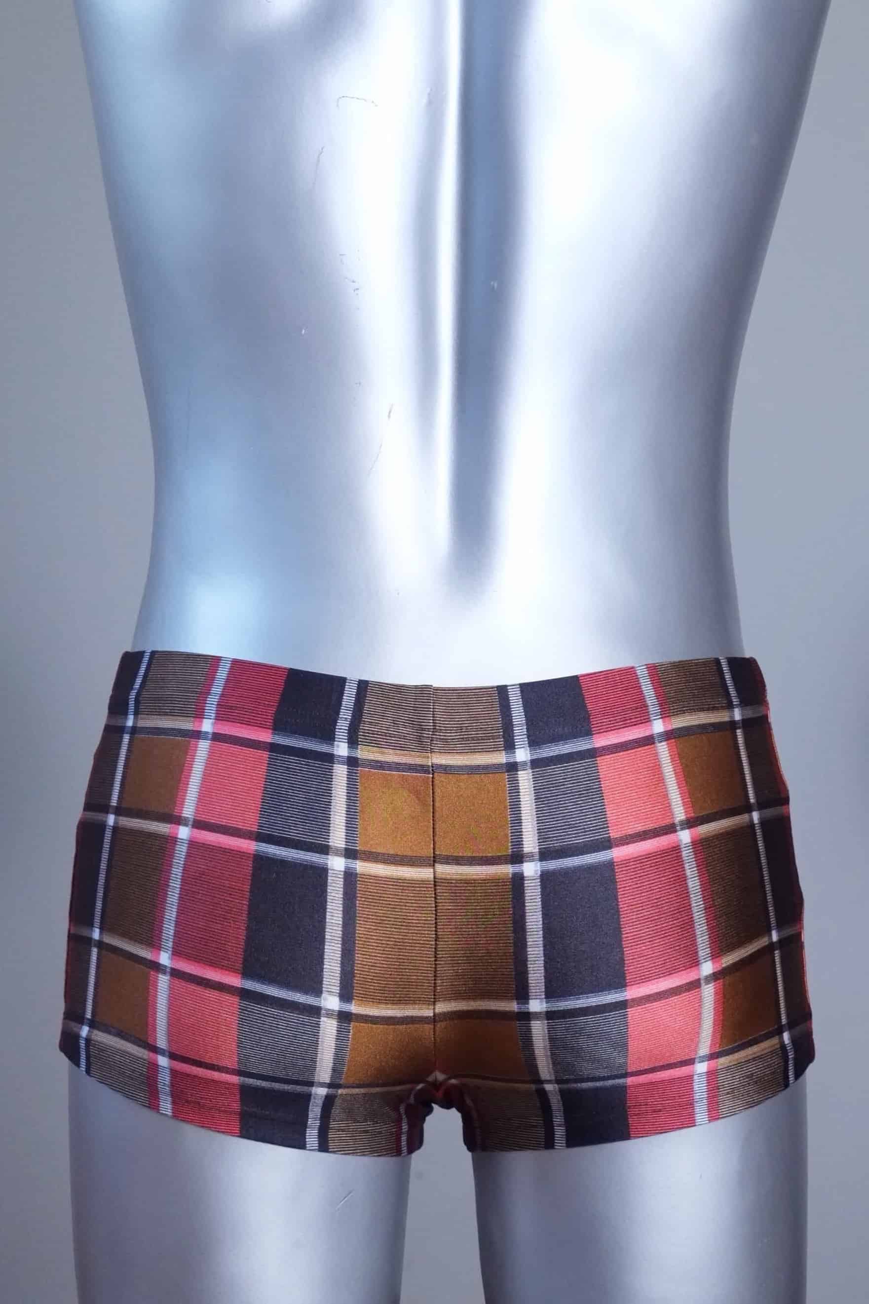 Back view of a Vintage brown plaid patterned swim briefs on a mannequin against a gray background
