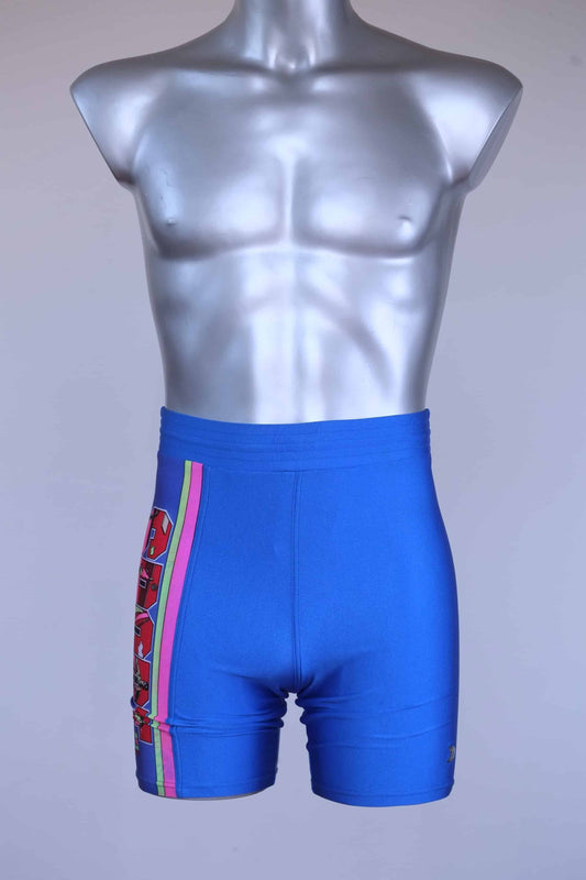 Front view of blue vintage Sprider swim trunks on a mannequin, showing the graphic print and side stripes.