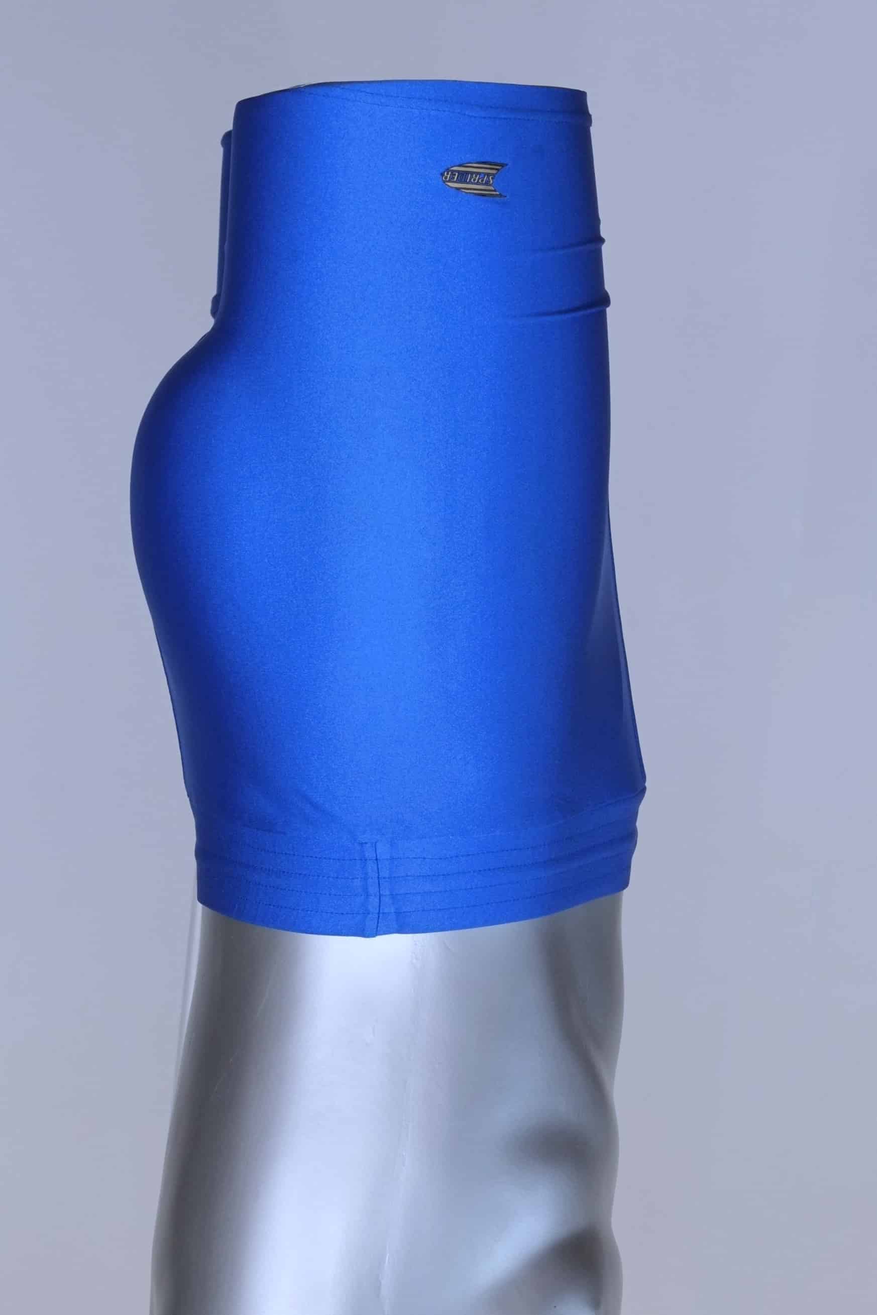 Left side view of the blue vintage Sprider swim trunks on a mannequin.