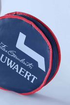 Close-up shot of the textured white vinyl material and vibrant blue and red graphics on the vintage Snauwaert racquet cover.