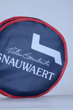 Side profile view of the archival Snauwaert tennis racquet cover, highlighting its slim zippered construction.