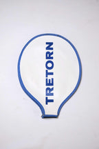 Vintage white grained vinyl Tretorn tennis racket head cover with vertical blue block lettering and blue-colored edge piping.