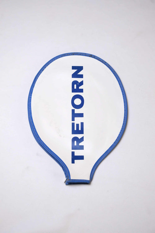 Vintage white grained vinyl Tretorn tennis racket head cover with vertical blue block lettering and blue-colored edge piping.