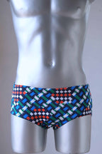 a mannequin wearing a pair of vintage geometric pattern swim briefs