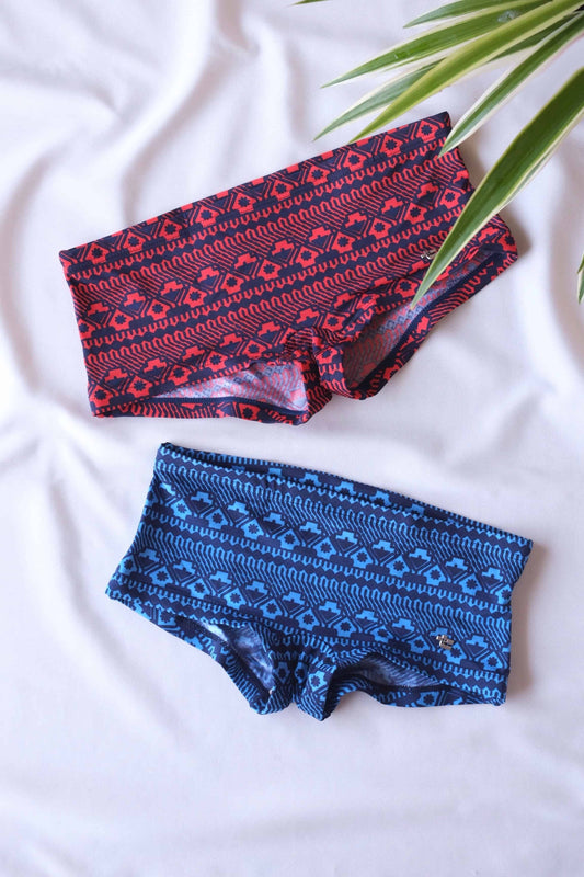 Two pairs of vintage swim briefs with a geometric pattern. One pair is primarily red with black accents, and the other pair is primarily blue with black accents. they are displayed on a white background with some palm leaves showing in the corner.