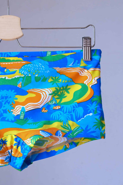 Close shot of pair of Vintage men's swim briefs hanging on a hanger.
 The briefs are primarily blue with a tropical landscape pattern featuring palm trees, mountains, and water. The pattern also includes shades of orange, yellow, and green.