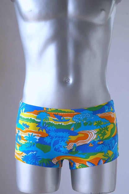 Vintage men's swim briefs worn by a mannequin. The briefs are primarily blue with a tropical landscape pattern featuring palm trees, mountains, and water. The pattern also includes shades of orange, yellow, and green.