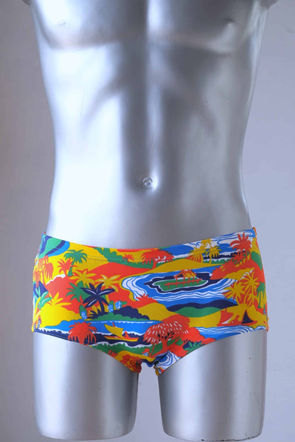 Vintage men's swim briefs worn by a mannequin. The briefs are primarily orange and yellow with a tropical landscape pattern featuring palm trees, mountains, and water. The pattern also includes shades of blue, white, and green.