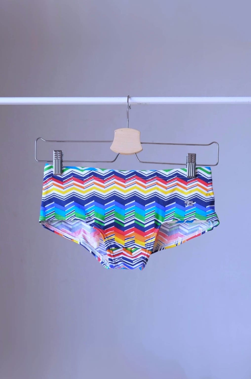 Tropic Vintage swim briefs featuring a blue, green, yellow and red chevron pattern, hanging on a hanger.