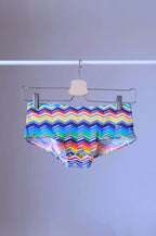 Tropic Vintage swim briefs featuring a blue, green, yellow and red chevron pattern, hanging on a hanger.