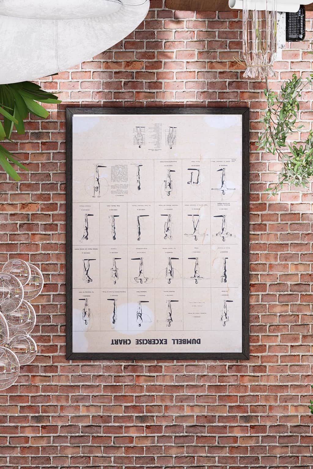 Vintage 1970s dumbbell exercise chart in black frame on red brick wall – retro gym poster home décor mockup.